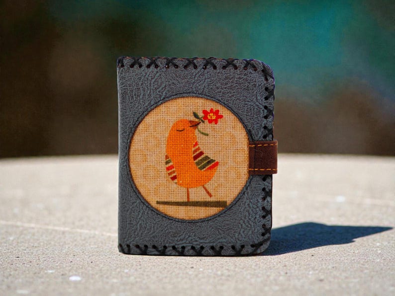 Handmade Vegan Leather Wallet Cute Yellow Bird Small Purse Faux Leather Phone Card Holder Vintage Animal Clutch Unique Artisan Gift Her image 6