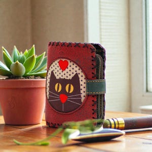 Handmade Vegan Leather Wallet Cute Black Cat Small Purse Faux Leather Phone Card Holder Vintage Animal Clutch Unique Artisan Gift Her