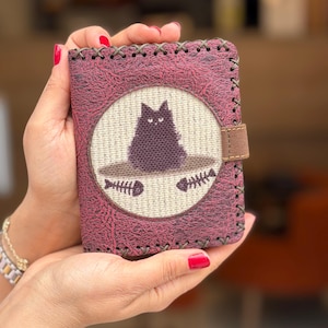 Handmade Cat Vegan Leather Wallet, Cute Cat Fishbone Small Purse, Boho Embroidered Card Holder, Animal Lover Gift For Women Small Gift