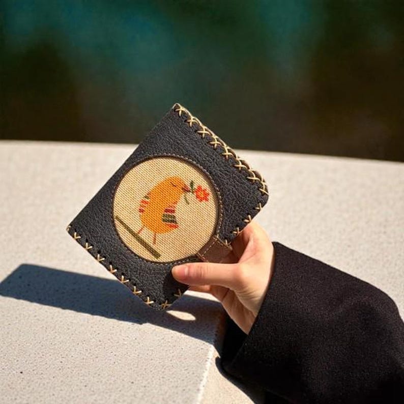 Handmade Vegan Leather Wallet Cute Yellow Bird Small Purse Faux Leather Phone Card Holder Vintage Animal Clutch Unique Artisan Gift Her Anthracite