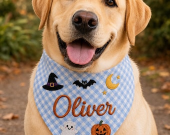 Personalized Halloween Pet Bandana, Custom Ghost Pumpkin Dog Bandana, Embroidered Green Gingham Pet Scarf, Spooky Dog Gift