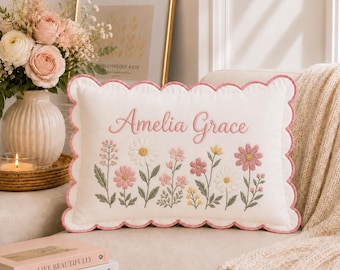 Personalized Floral Embroidered Baby Pillow Cover- Custom Name Embroidered Pillow, Welcome Baby Pillow, Nursery Keepsake, Keepsake Newborn