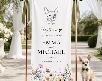 Wedding Wildflower Table Runner Linen, Personalized Chihuahua Custom Banner, Name Decor Sweetheart Reception, Elegant Fabric Sign decor