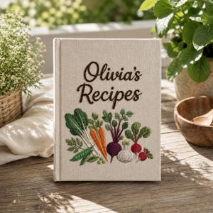 May include: A beige fabric-covered recipe book featuring the embroidered text Olivia's Recipes in dark brown script. Below the text is a detailed, colorful embroidery of various vegetables including carrots, beets, garlic, and leafy greens.