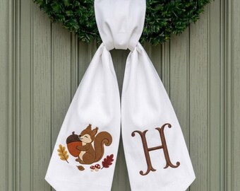 Squirrel Monogram Wreath Sash, Woodland Fall Front Door Decor, Embroidered Initial Autumn Ribbon, Seasonal Porch Banner