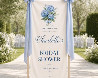 Custom Blue Hydrangea Wedding Welcome Sign, Cotton Linen Ceremony Banner, Couple Names Sign, Blue Floral Garden Wedding Decor, Aisle Decor