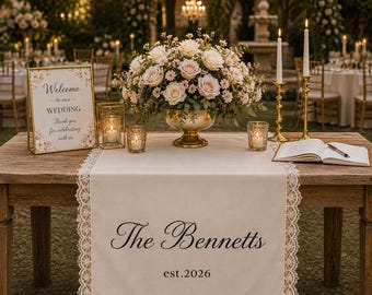 Wedding Table Runner Linen, Personalized Custom Banner, Name Decor Sweetheart Reception, Elegant Fabric Sign decor