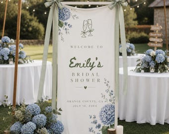 Personalized Blue Hydrangea Wedding Banner Sign, Custom Monogram Reception Sign, Blue Hydrangea Wedding Linen Tapestry