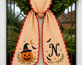 Personalized Embroidered Pumpkin Wreath Sash, Custom Fall Wreath Bow with Monogram, Thanksgiving Front Door Decor, Autumn Seasonal Gift