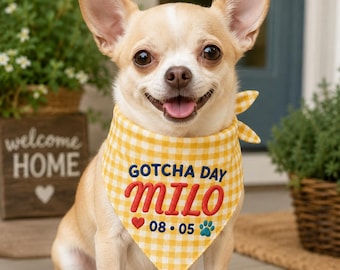 Custom Gotcha Day Bandana, Pet Party Outfit, Custom Embroidered Pet Birthday Scarf, Gingham Chihuahua Bandana,Birthday Dog Outfits