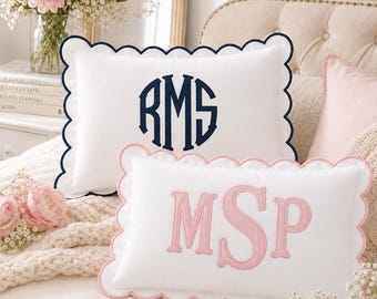 Custom Monogram Pillow Scalloped Edge Linen Embroidered Cushion