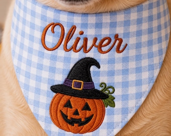 Personalized Halloween Pet Bandana, Custom Ghost Pumpkin Dog Bandana, Embroidered Green Gingham Pet Scarf, Spooky Dog Gift