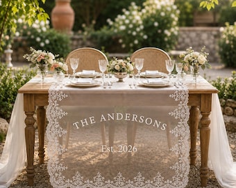 Custom Lace Sheer Wedding Table Runner, Personalized Head Table Sign for Bride and Groom Reception Display, Wedding Sweetheart Table Decor