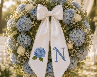 Custom Embroidered Blue Hydrangea Wedding Wreath Sash, Church Reception Chair Ribbon, Bridal Shower Gift, Hydrangea Lover Wedding Gift