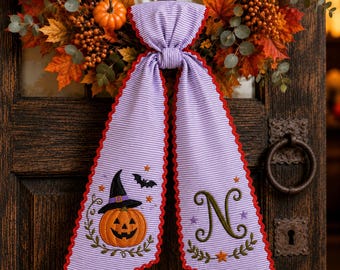 Personalized Embroidered Pumpkin Wreath Sash, Custom Fall Wreath Bow with Monogram, Thanksgiving Front Door Decor, Autumn Seasonal Gift
