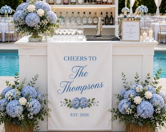 Wedding Blue Hydrangea Table Runner Linen, Personalized Custom Banner, Name Decor Sweetheart Reception, Elegant Fabric Sign decor