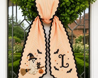 Personalized Ghost With Black Cat Halloween Wreath Sash Bow, Embroidered Ghost Door Hanger, Custom Monogram Fall Porch Decoration