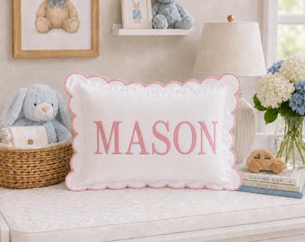 Personalized Monogram Pillow Cover, Custom Embroidered Initials Pillowcase, Blue Floral Nursery Pillow, Scalloped Decor