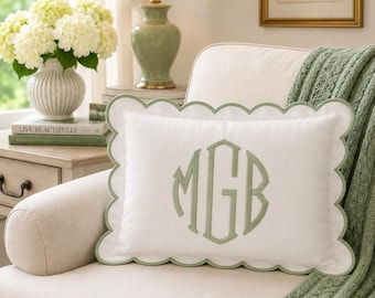 Custom Monogram Pillow Scalloped Edge Linen Embroidered Cushion