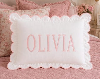 Personalized Monogram Scalloped Pillowcases, Custom Initial Nursery Pillow, Edge Lumbar Pillow Case, Embroidered Baby Pillow