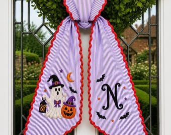 Personalized Embroidered Witch Ghost Halloween Wreath Sash, Personalized Seasonal Front Door Pumpkin Decor