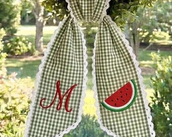 Embroidered Watermelon Wreath Sash, Personalized Monogram Door Hanger, Summer Front Door Decor, Gingham Summer Front Door Bow