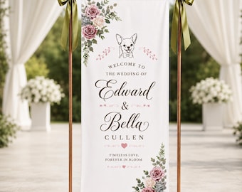 Wedding Garden Rose Table Runner Linen, Personalized Chihuahua Custom Banner, Name Decor Sweetheart Reception, Elegant Fabric Sign decor
