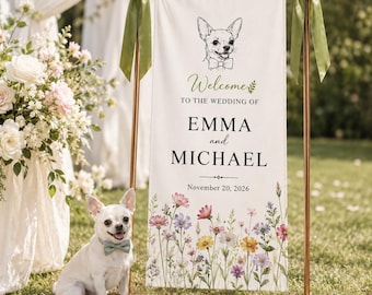 Wedding Wildflower Table Runner Linen, Personalized Chihuahua Custom Banner, Name Decor Sweetheart Reception, Elegant Fabric Sign decor