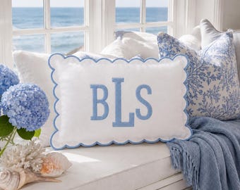 Scalloped Edge Monogram Pillow Custom Name Embroidery Preppy Bedroom Decor Coastal Lumbar Pillowcase Housewarming Gift Wedding Gift for Her
