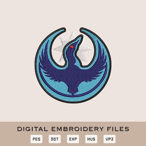 May include: Digital embroidery file featuring a stylized bird emblem in shades of blue, with a red eye and a white star. The design is set within a circular frame. The text "DIGITAL EMBROIDERY FILES" is displayed below, along with file type abbreviations.