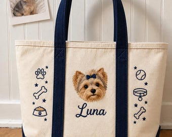 Personalized Pet Portrait Tote Bag, Embroidered Dog Cat Canvas Bag, Custom Pet Gift, Pet Mom Tote, Heart Locket Bag