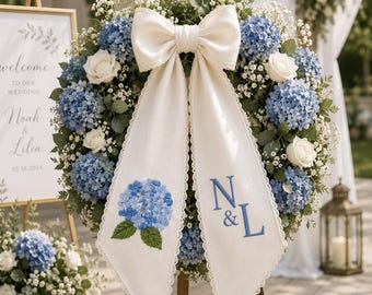 Custom Embroidered Blue Hydrangea Wedding Wreath Sash, Church Reception Chair Ribbon, Bride & Groom Chair Decor, Bridal Shower Gift