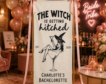 Witch Bachelorette Banner, Halloween Witch Is Getting Hitched Tapestry, Personalized Bachelorette Sign Decor Bachelorette Backdrop Skeleton