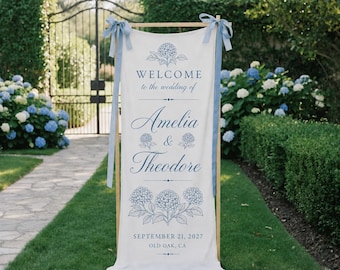 Custom Blue Hydrangea Wedding Welcome Sign, Cotton Linen Ceremony Banner, Couple Names Sign, Blue Floral Garden Wedding Decor, Aisle Decor