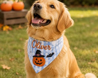 Personalized Halloween Pet Bandana, Custom Ghost Pumpkin Dog Bandana, Embroidered Green Gingham Pet Scarf, Spooky Dog Gift