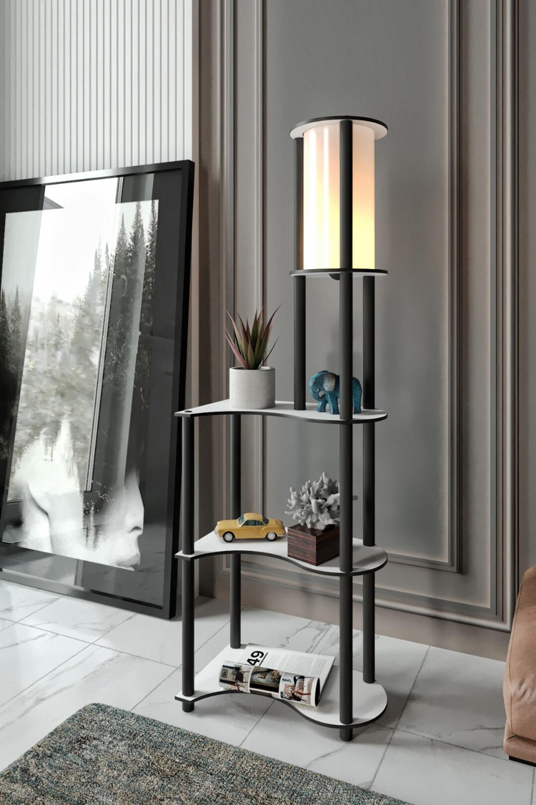 Modern Display Shelf With Ambient Lamp | Multi-tier Black & White ...