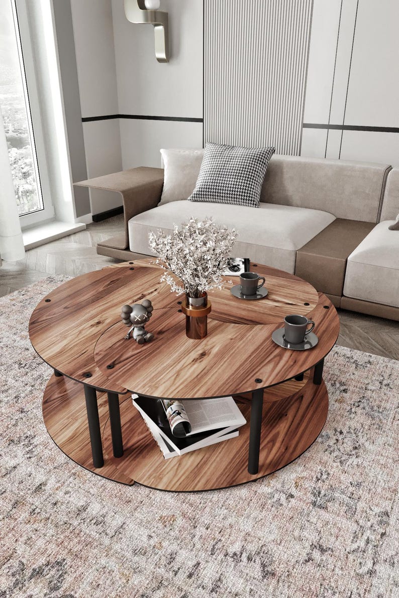 Modern Yin Yang Coffee Table Set – Walnut Veneer, Round Living Room ...