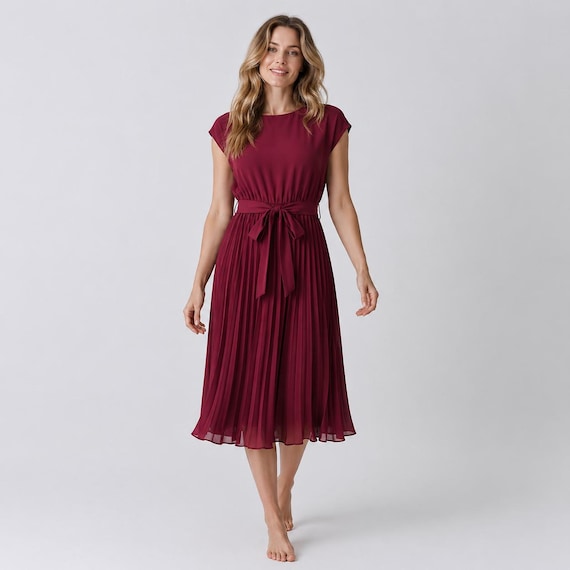 a-line pleated chiffon tie-waist evening dress Knee-length | Belted Summer Outfit while the lace Deep Red Grey A-Line Sleeveless Maxi Color:Nunu Navy