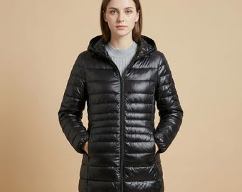 Women Long Down Jacket | Lightweight Hooded Puffer Coat | Warm Winter Slim Zip Up Outerwear