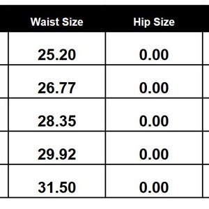 May include: A black and white size chart for bottoms. The chart includes sizes S, M, L, XL, and XXL, with corresponding US sizes, waist sizes in inches, hip sizes, and length measurements. Waist sizes range from 25.20 to 31.50 inches.