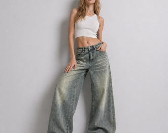 Vintage Wash Wide Leg Jeans | High Waist Baggy Denim Trousers, Relaxed Streetwear Bottoms