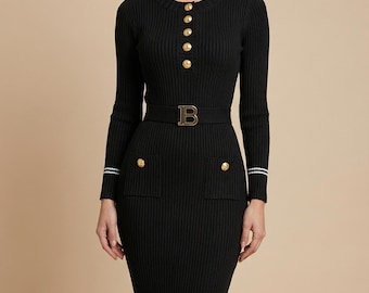 Black Knit Pencil Dress | Gold Button Bodycon Midi, Office Wear