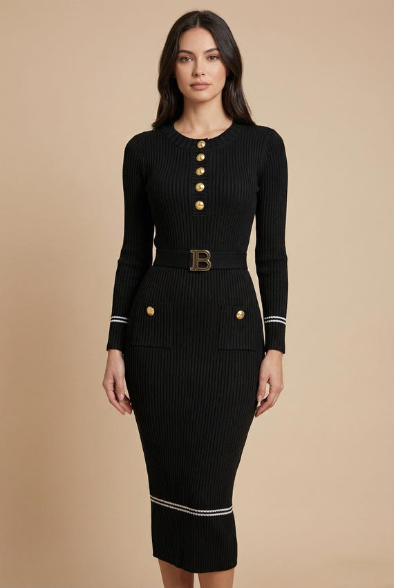 Black Knit Pencil Dress | Gold Button Bodycon Midi, Office Wear Black Knit Pencil Dress | Gold Button Bodycon Midi, Office Wear