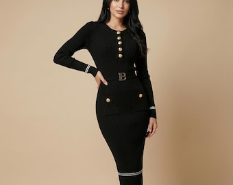 Black Knit Pencil Dress | Gold Button Bodycon Midi, Office Wear