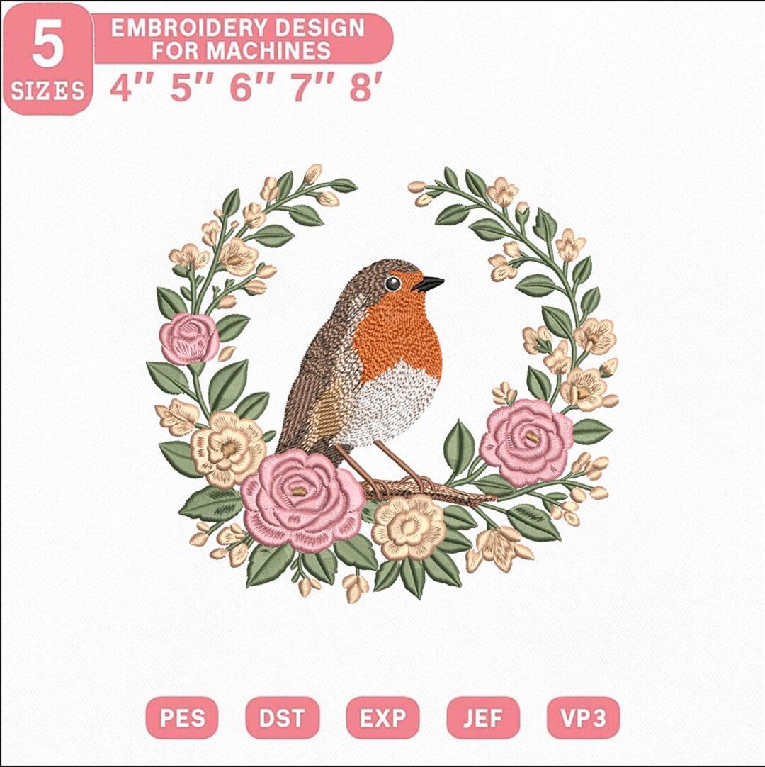 Robin Bird Floral Wreath Embroidery Design, Cute Bird Machine ...