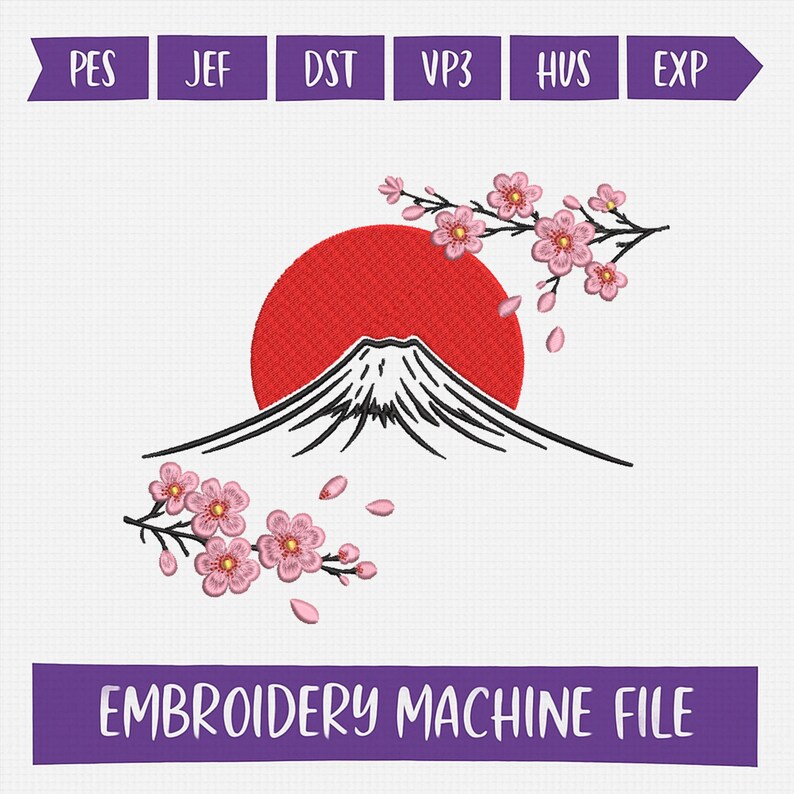 Mount Fuji Sakura Embroidery Design, Japanese Mountain Cherry Blossom ...