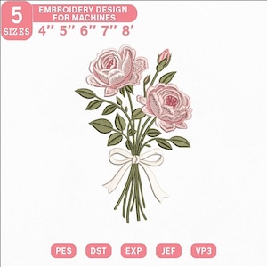 Può includere: Un disegno di ricamo per macchine con un bouquet di rose rosa con foglie e steli verdi, legato con un nastro bianco. Il disegno è disponibile in 5 misure: 10 cm, 13 cm, 15 cm, 18 cm e 20 cm. L'immagine mostra anche i tipi di file: PES, DST, EXP, JEF e VP3.
