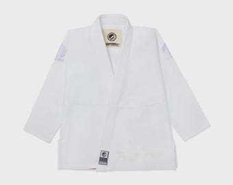 Kimono da jiu-jitsu Shoyoroll Lithos Competitor bianco con borsa, ideale per grappling.