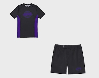 Completo Shoyoroll Purple Haze composto da rash guard e pantaloncini – Abbigliamento da palestra per sport No-Gi ad alte prestazioni
