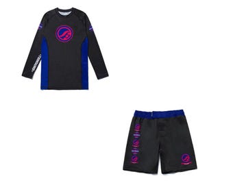 Set composto da rash guard e pantaloncini da grappling Shoyoroll, abbigliamento da palestra per BJJ ad alte prestazioni.
